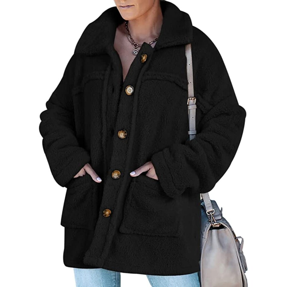 Faux Wool Plush Button-Down Coat Jacket With Pocket Coat Sz XL